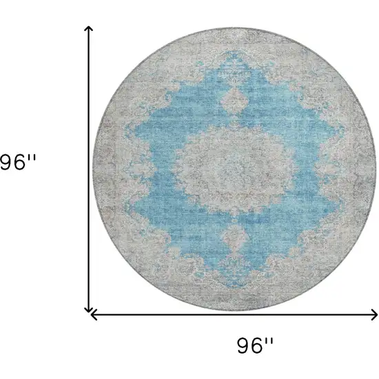 8' Teal Blue And Gray Round Oriental Washable Indoor Outdoor Area Rug Photo 3