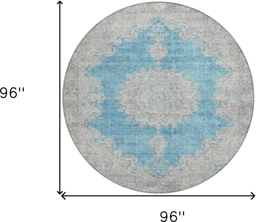 8' Teal Blue And Gray Round Oriental Washable Indoor Outdoor Area Rug Photo 3