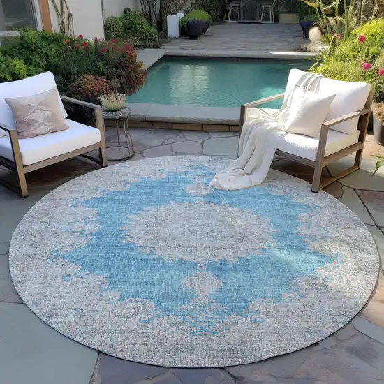 8' Teal Blue And Gray Round Oriental Washable Indoor Outdoor Area Rug Photo 7