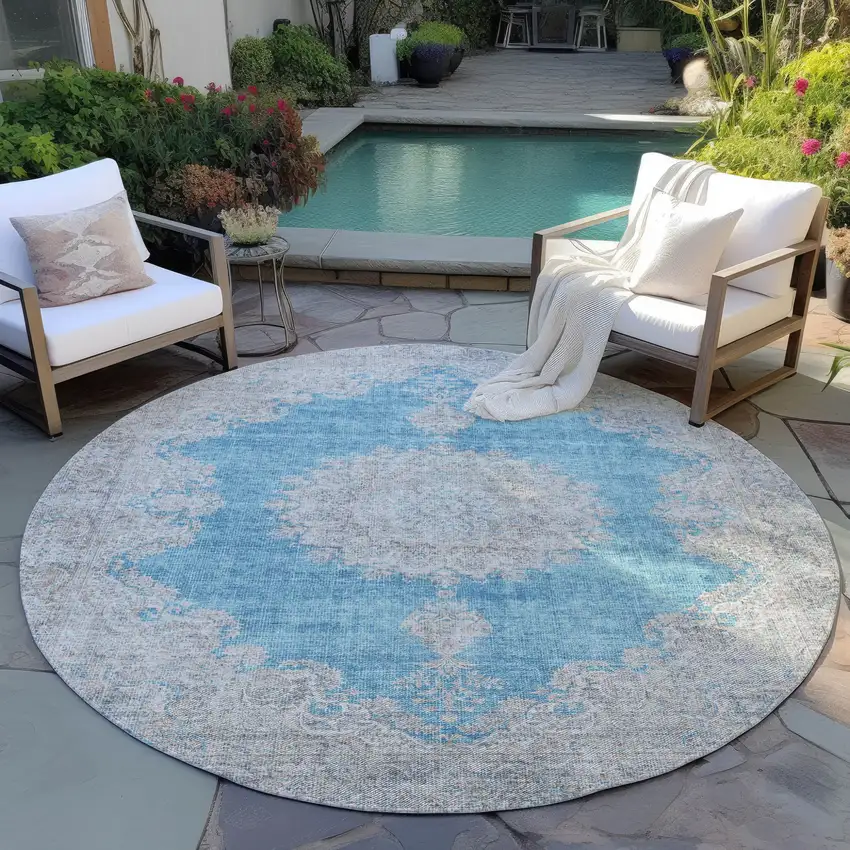 8' Teal Blue And Gray Round Oriental Washable Indoor Outdoor Area Rug Photo 7