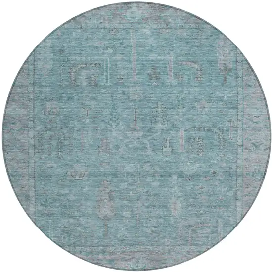 8' Teal Blue And Gray Round Oriental Washable Indoor Outdoor Area Rug Photo 2