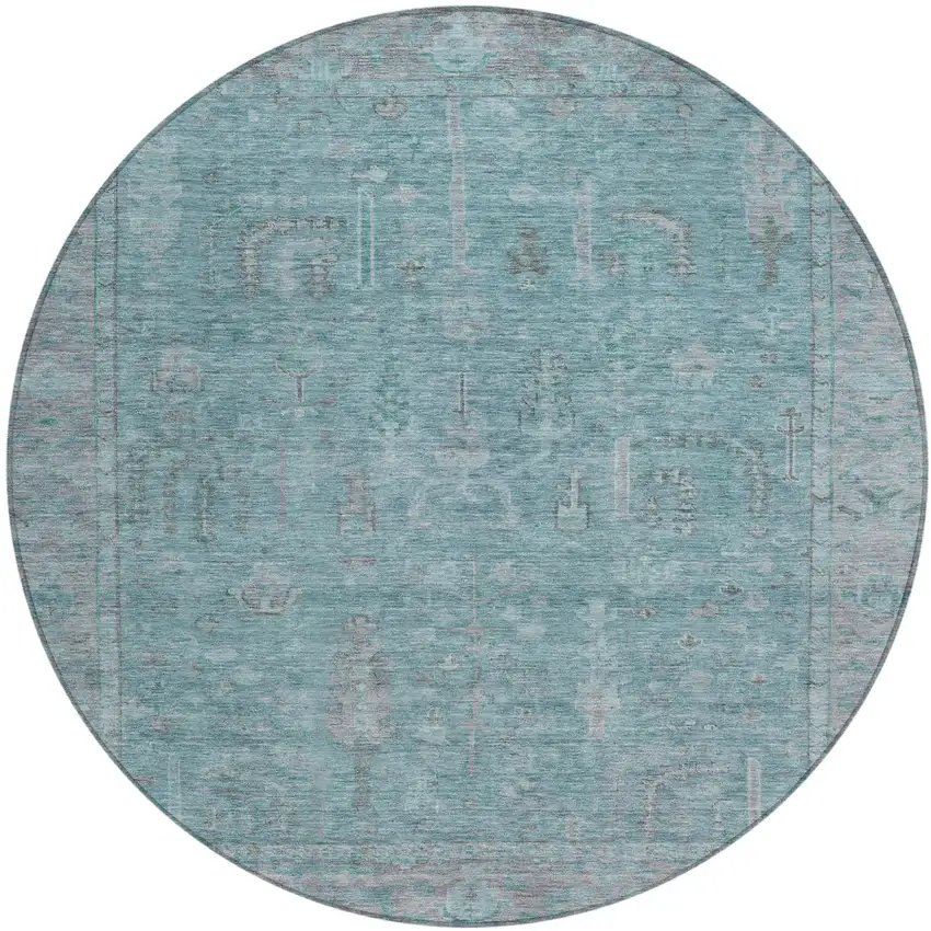 8' Teal Blue And Gray Round Oriental Washable Indoor Outdoor Area Rug Photo 2