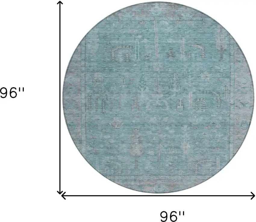8' Teal Blue And Gray Round Oriental Washable Indoor Outdoor Area Rug Photo 9
