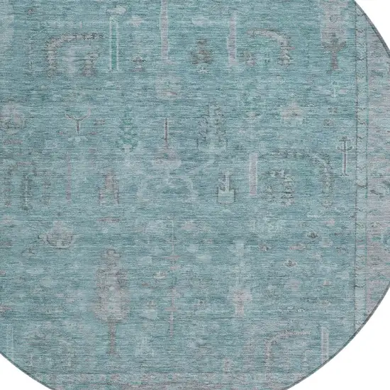 8' Teal Blue And Gray Round Oriental Washable Indoor Outdoor Area Rug Photo 5