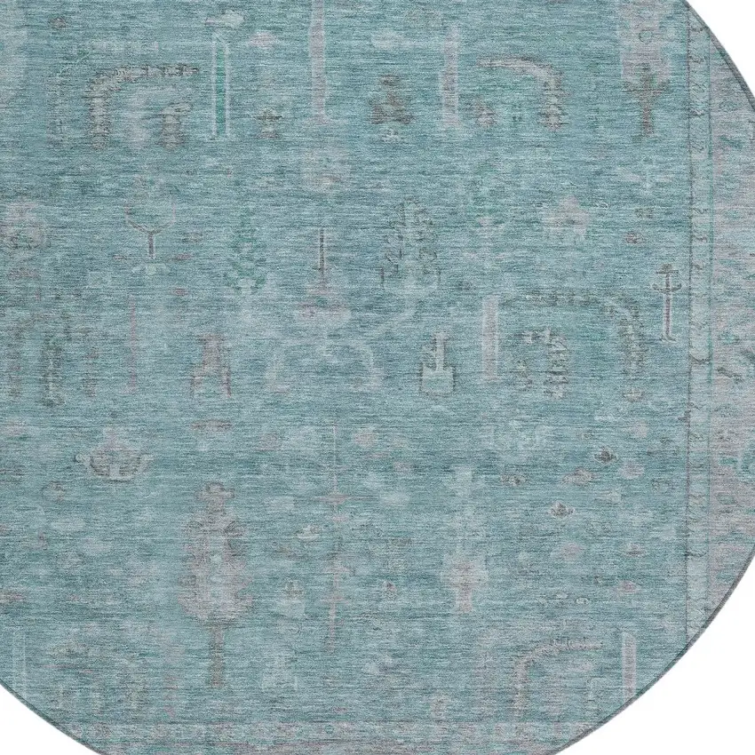 8' Teal Blue And Gray Round Oriental Washable Indoor Outdoor Area Rug Photo 5