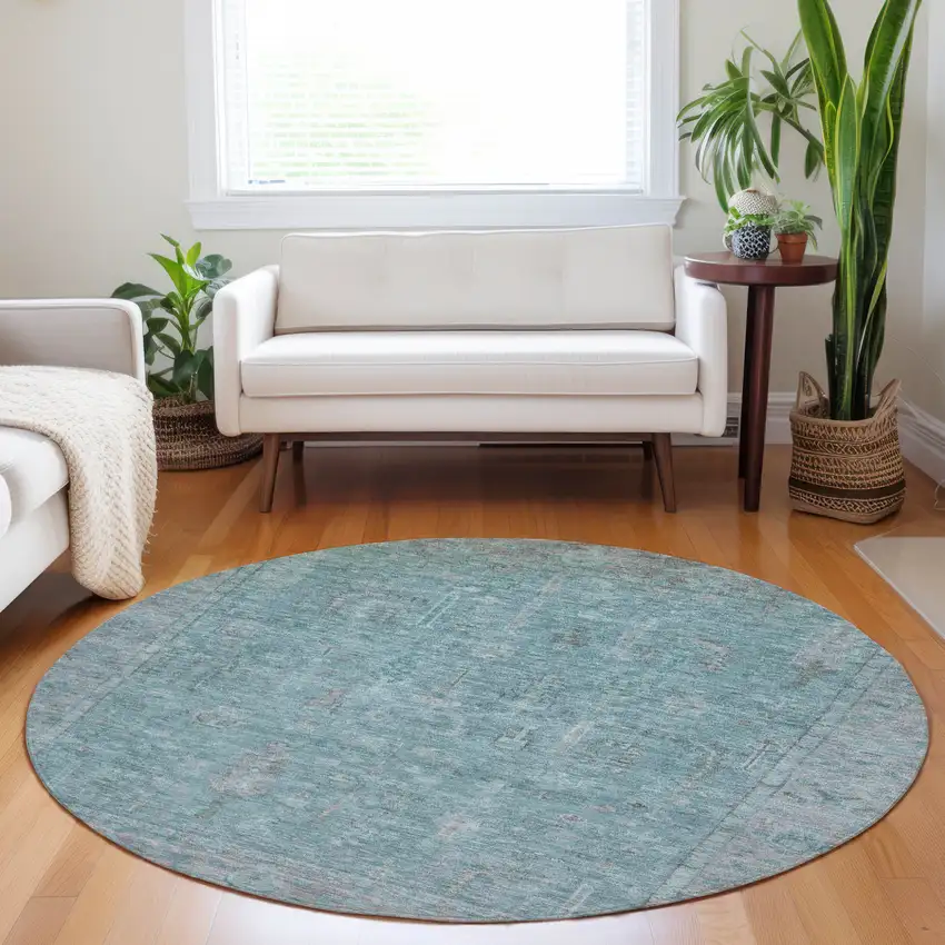 8' Teal Blue And Gray Round Oriental Washable Indoor Outdoor Area Rug Photo 8