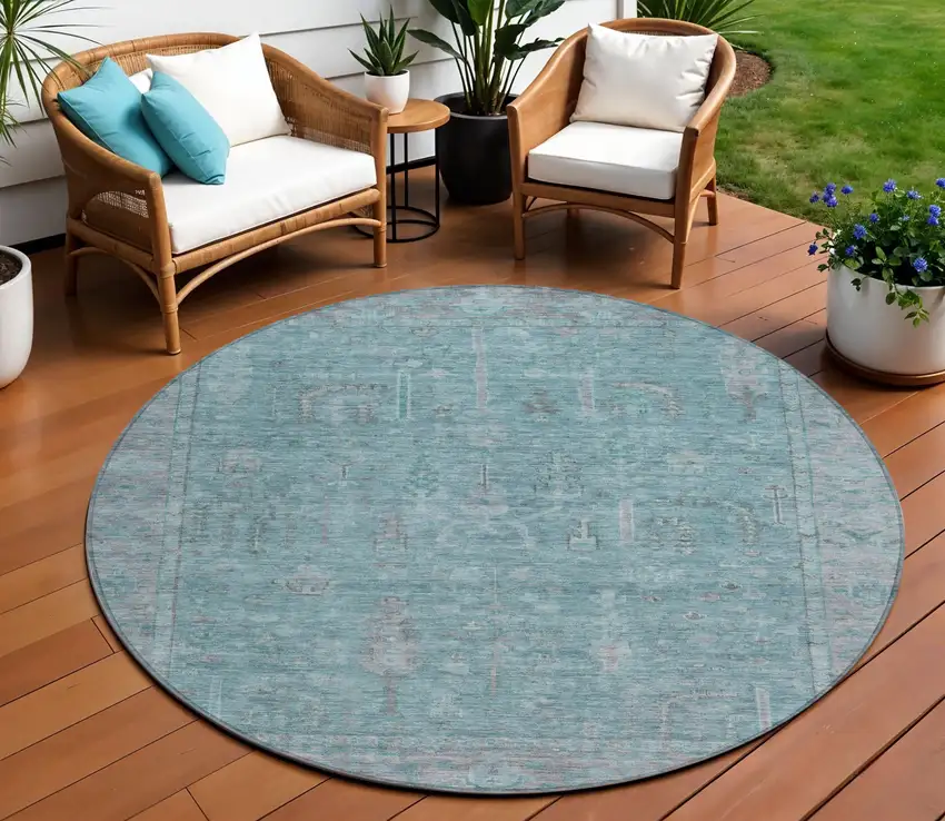 8' Teal Blue And Gray Round Oriental Washable Indoor Outdoor Area Rug Photo 1