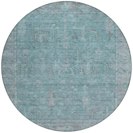 8' Teal Blue And Gray Round Oriental Washable Indoor Outdoor Area Rug Photo 6
