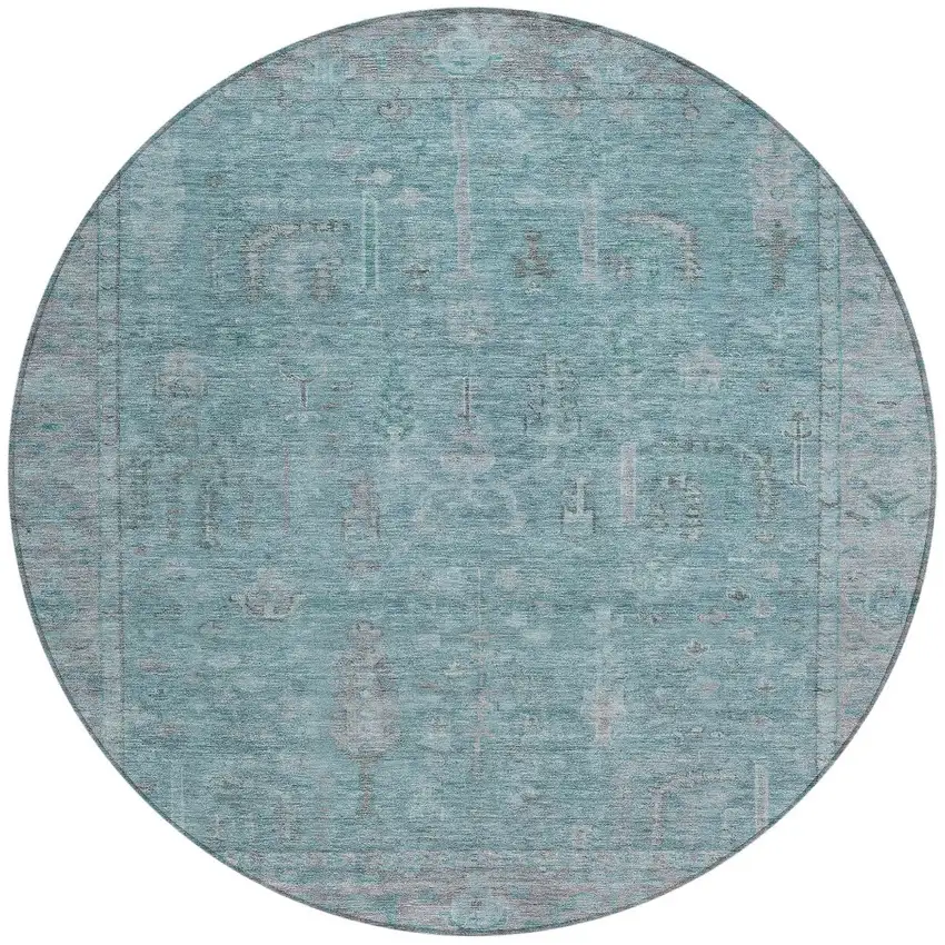 8' Teal Blue And Gray Round Oriental Washable Indoor Outdoor Area Rug Photo 6