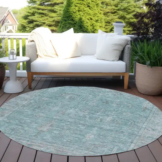 8' Teal Blue And Gray Round Oriental Washable Indoor Outdoor Area Rug Photo 7