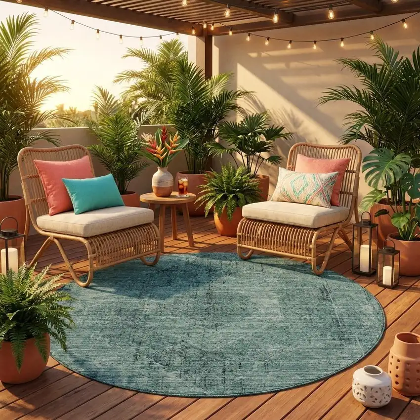 8' Teal Blue And Gray Round Oriental Washable Indoor Outdoor Area Rug Photo 1