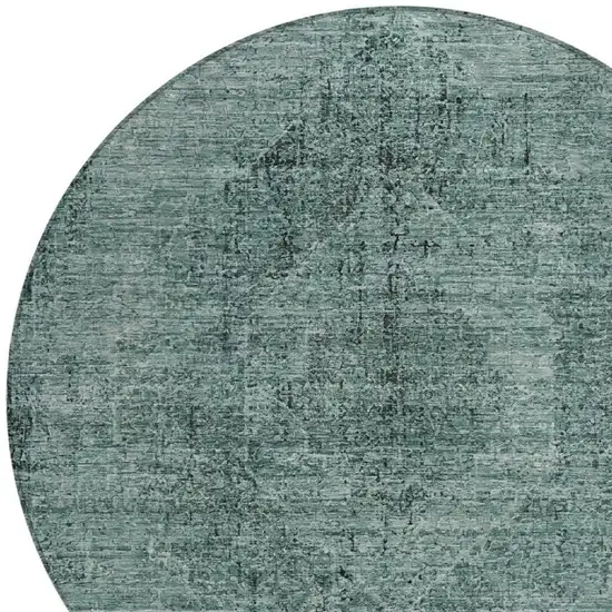 8' Teal Blue And Gray Round Oriental Washable Indoor Outdoor Area Rug Photo 3