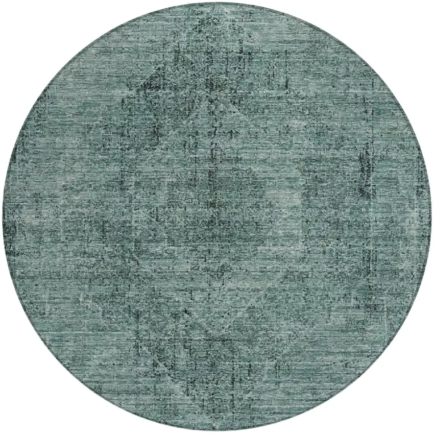 8' Teal Blue And Gray Round Oriental Washable Indoor Outdoor Area Rug Photo 2