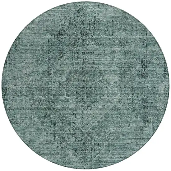 8' Teal Blue And Gray Round Oriental Washable Indoor Outdoor Area Rug Photo 4