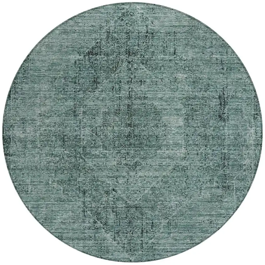 8' Teal Blue And Gray Round Oriental Washable Indoor Outdoor Area Rug Photo 4