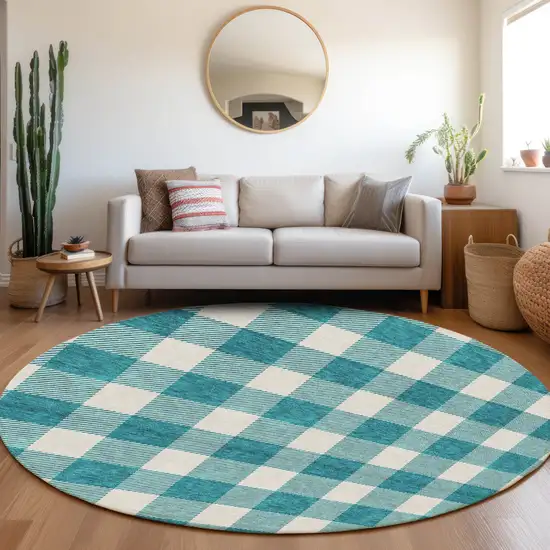 8' Teal Blue And Gray Round Plaid Washable Indoor Outdoor Area Rug Photo 7