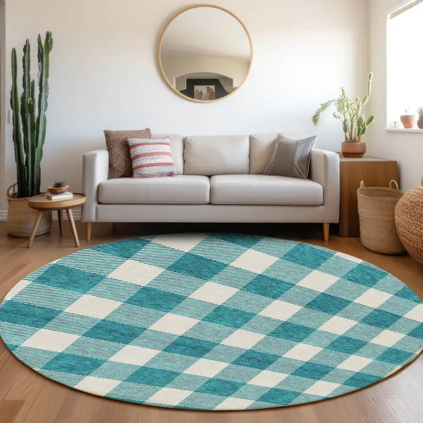 8' Teal Blue And Gray Round Plaid Washable Indoor Outdoor Area Rug Photo 7