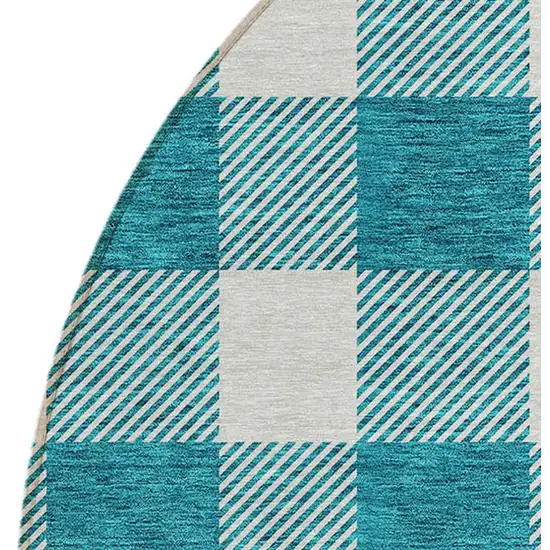8' Teal Blue And Gray Round Plaid Washable Indoor Outdoor Area Rug Photo 4