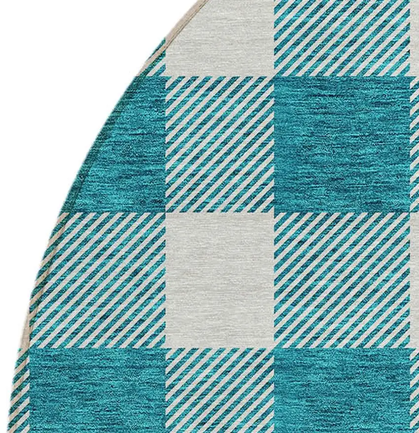8' Teal Blue And Gray Round Plaid Washable Indoor Outdoor Area Rug Photo 4