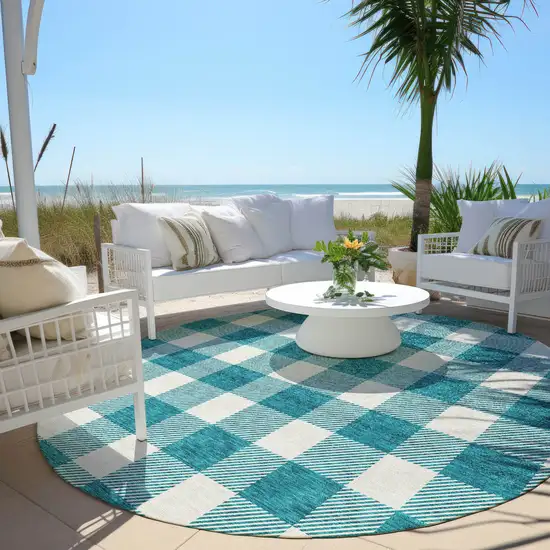 8' Teal Blue And Gray Round Plaid Washable Indoor Outdoor Area Rug Photo 6
