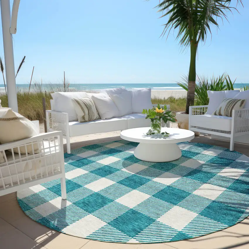 8' Teal Blue And Gray Round Plaid Washable Indoor Outdoor Area Rug Photo 6