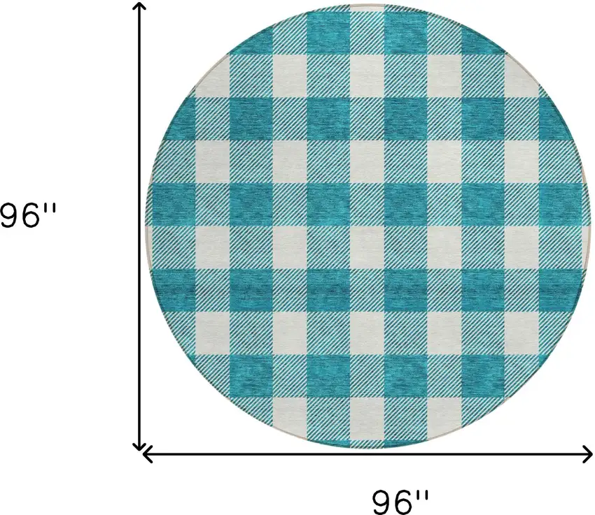 8' Teal Blue And Gray Round Plaid Washable Indoor Outdoor Area Rug Photo 3