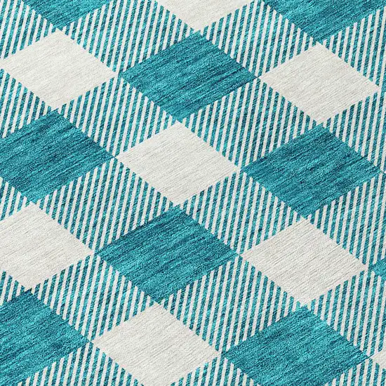 8' Teal Blue And Gray Round Plaid Washable Indoor Outdoor Area Rug Photo 8