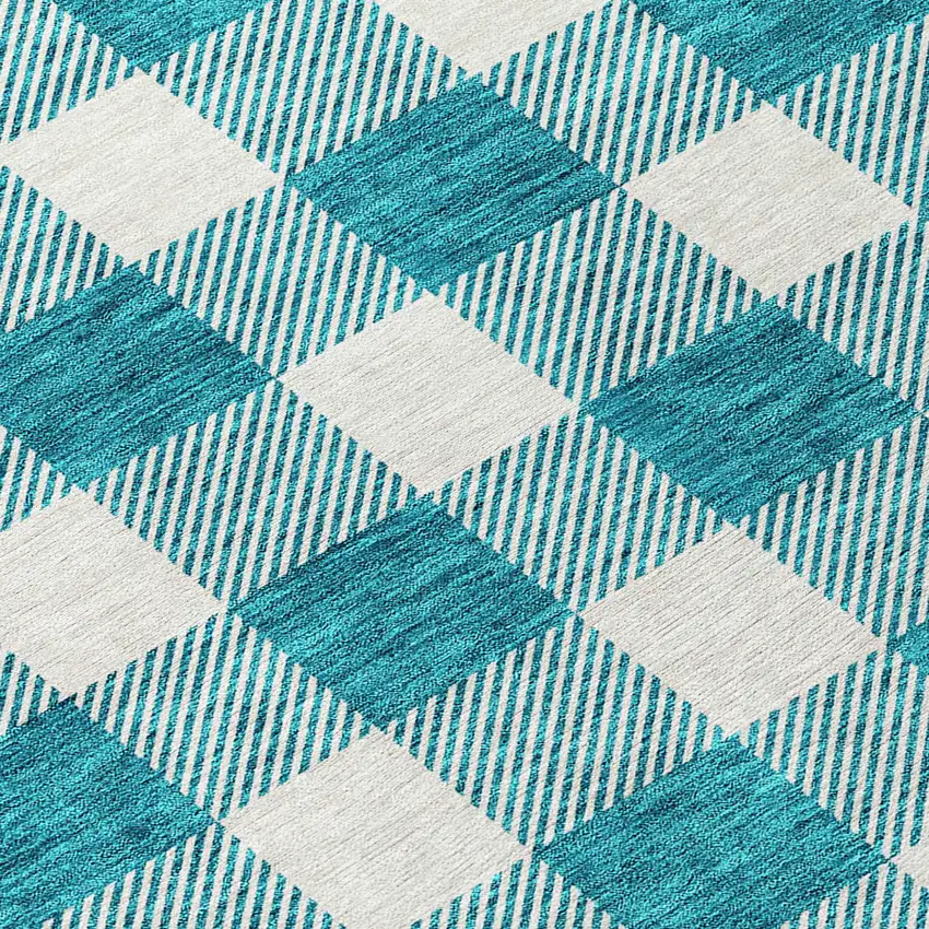 8' Teal Blue And Gray Round Plaid Washable Indoor Outdoor Area Rug Photo 8