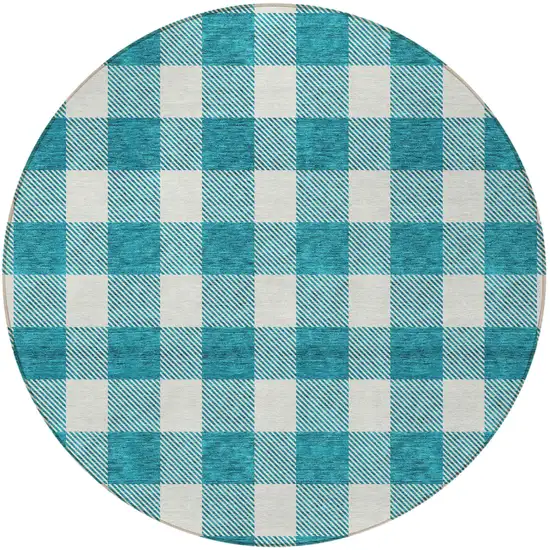 8' Teal Blue And Gray Round Plaid Washable Indoor Outdoor Area Rug Photo 5