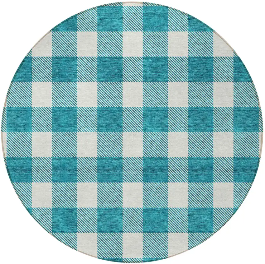 8' Teal Blue And Gray Round Plaid Washable Indoor Outdoor Area Rug Photo 5