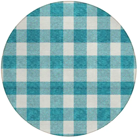 8' Teal Blue And Gray Round Plaid Washable Indoor Outdoor Area Rug Photo 2