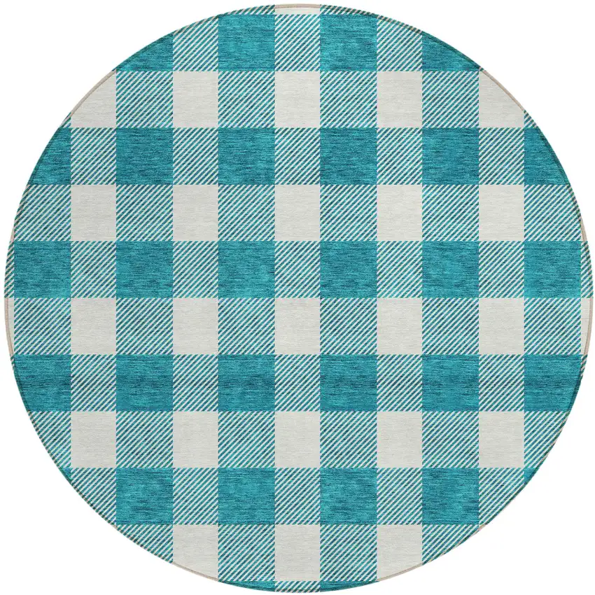 8' Teal Blue And Gray Round Plaid Washable Indoor Outdoor Area Rug Photo 2