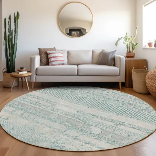 8' Teal Blue And Gray Round Striped Washable Indoor Outdoor Area Rug Photo 6