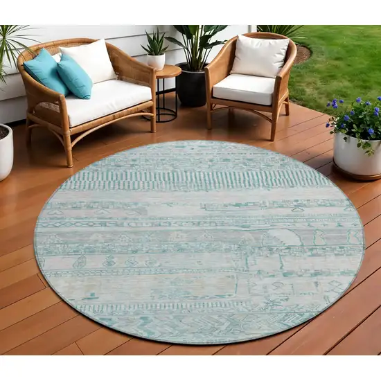 8' Teal Blue And Gray Round Striped Washable Indoor Outdoor Area Rug Photo 2