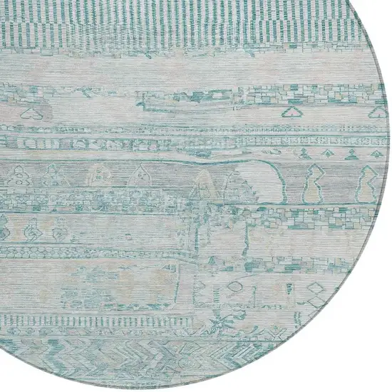 8' Teal Blue And Gray Round Striped Washable Indoor Outdoor Area Rug Photo 4