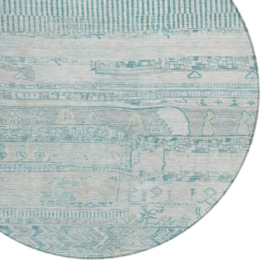 8' Teal Blue And Gray Round Striped Washable Indoor Outdoor Area Rug Photo 4
