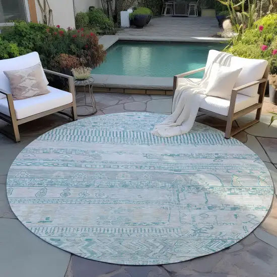 8' Teal Blue And Gray Round Striped Washable Indoor Outdoor Area Rug Photo 5