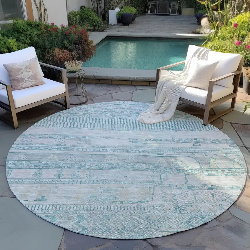 8' Teal Blue And Gray Round Striped Washable Indoor Outdoor Area Rug Photo 5