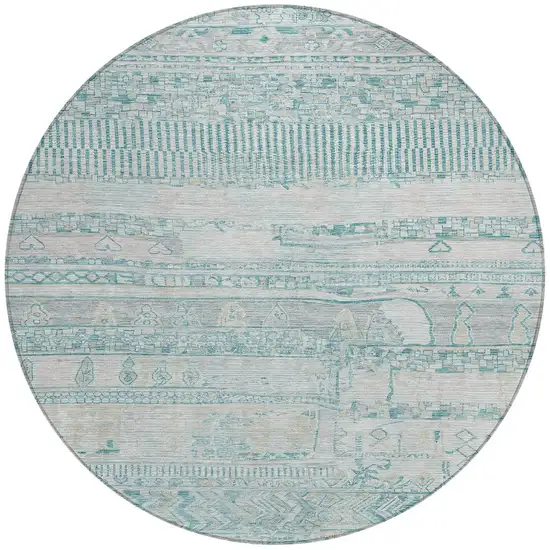 8' Teal Blue And Gray Round Striped Washable Indoor Outdoor Area Rug Photo 3