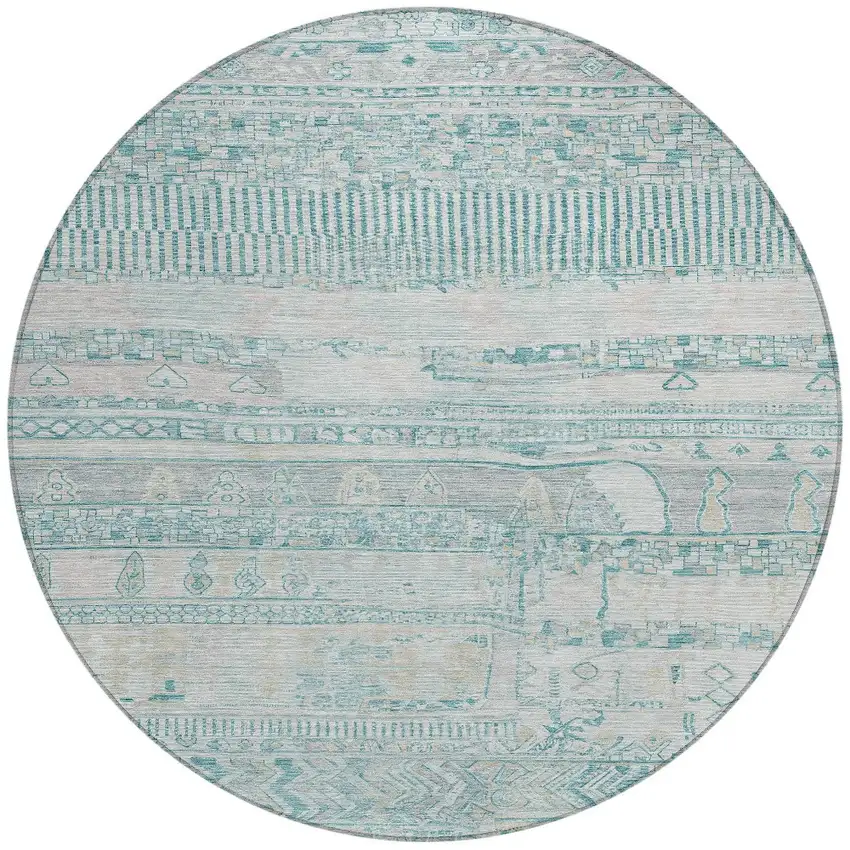 8' Teal Blue And Gray Round Striped Washable Indoor Outdoor Area Rug Photo 3