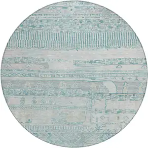 Photo of 8' Teal Blue And Gray Round Striped Washable Indoor Outdoor Area Rug