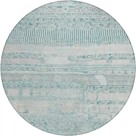 8' Teal Blue And Gray Round Striped Washable Indoor Outdoor Area Rug Photo 1