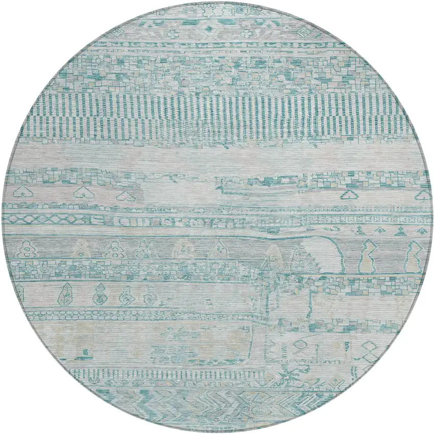 8' Teal Blue And Gray Round Striped Washable Indoor Outdoor Area Rug Photo 1