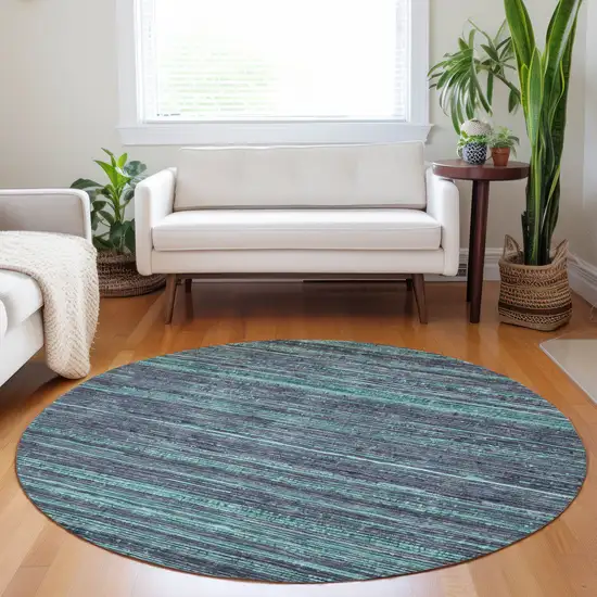 8' Teal Blue And Gray Round Striped Washable Indoor Outdoor Area Rug Photo 6