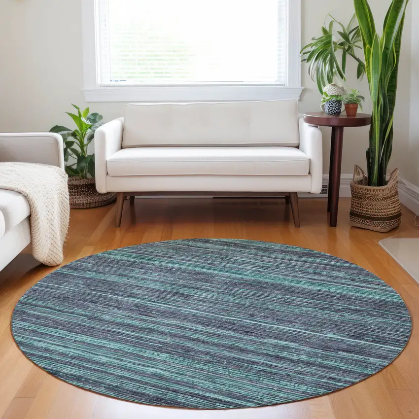 8' Teal Blue And Gray Round Striped Washable Indoor Outdoor Area Rug Photo 6