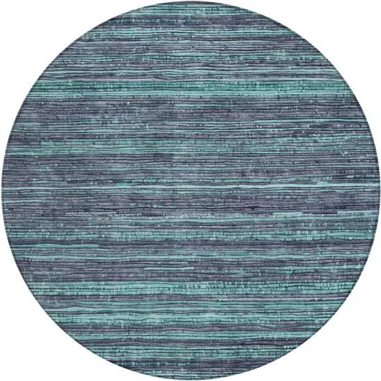 8' Teal Blue And Gray Round Striped Washable Indoor Outdoor Area Rug Photo 1