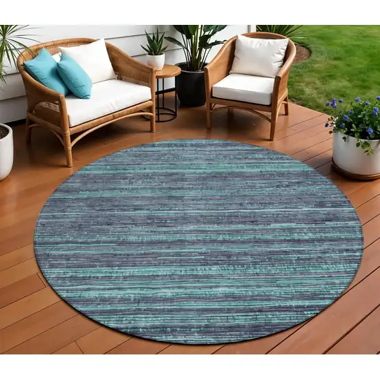 8' Teal Blue And Gray Round Striped Washable Indoor Outdoor Area Rug Photo 2