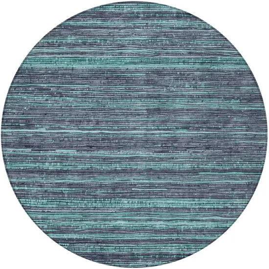 8' Teal Blue And Gray Round Striped Washable Indoor Outdoor Area Rug Photo 4