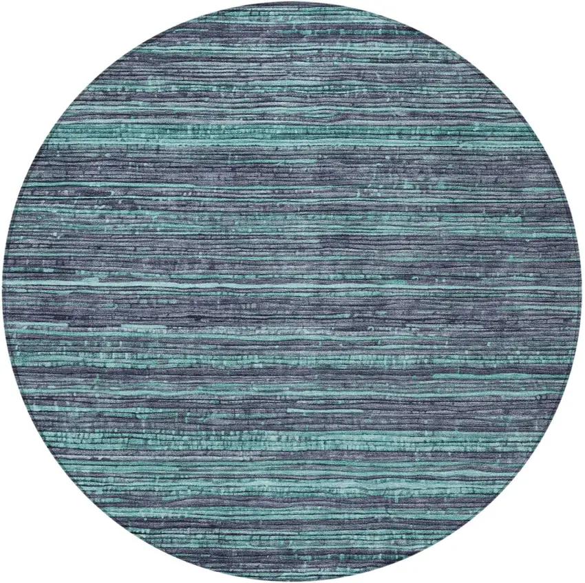 8' Teal Blue And Gray Round Striped Washable Indoor Outdoor Area Rug Photo 4