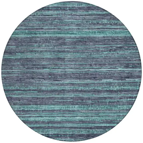 8' Teal Blue And Gray Round Striped Washable Indoor Outdoor Area Rug Photo 3